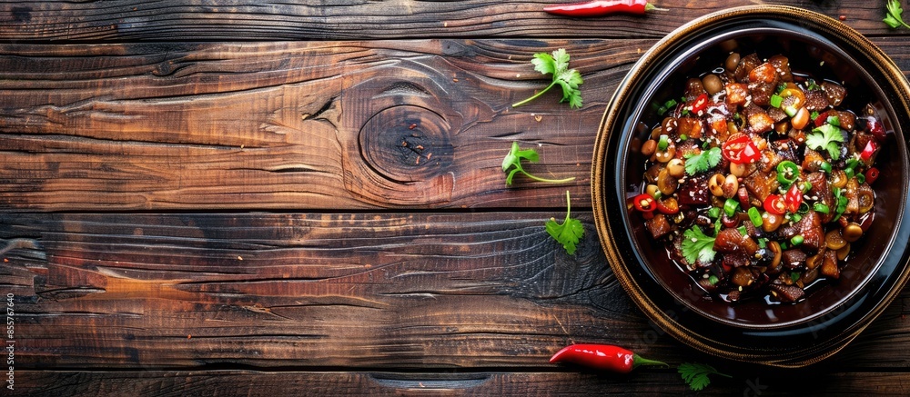 Poster dry pot hunan style chilli pork intestines served dish isolated on wooden table top view of hong kon