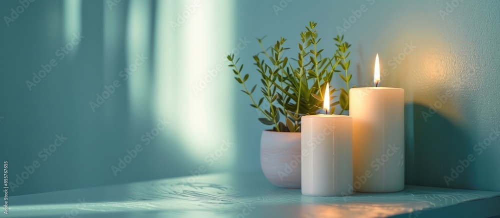 Poster White candles on stand with plant in pot on the table. with copy space image. Place for adding text or design