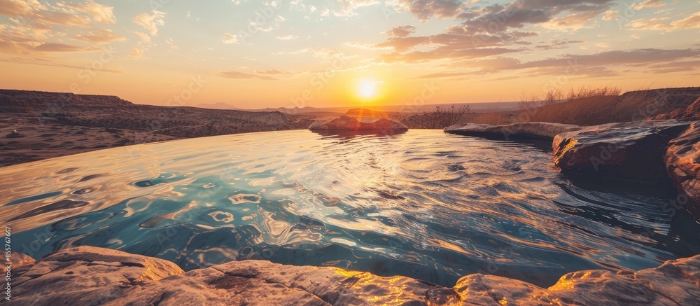 Poster a desert pool at sunset. Copy space image. Place for adding text or design