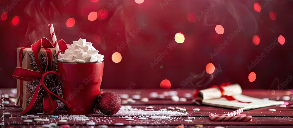 Poster red Christmas composition with hot chocolate and note book for wish list. High quality photo. with copy space image. Place for adding text or design