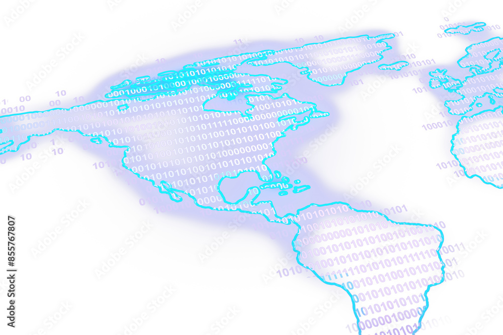 Aufkleber Digital world map with binary code texture on a soft white background, concept of data and technology