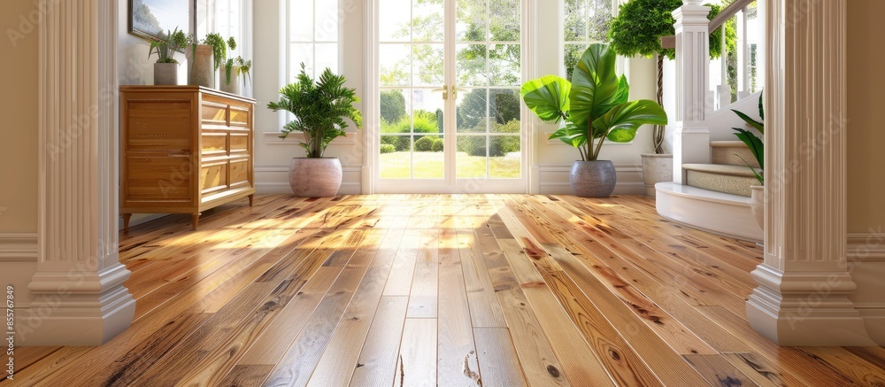 Poster Entrance hall of a house with floating wooden floors with matching wooden carpentry. with copy space image. Place for adding text or design