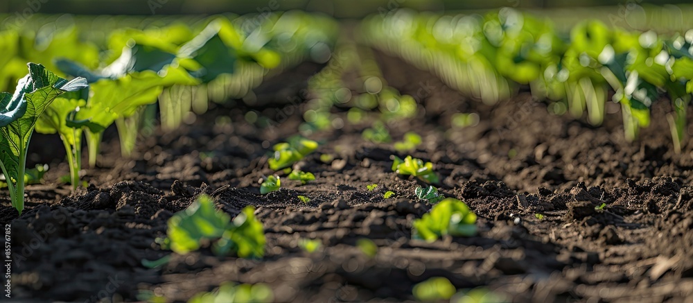Poster tidy rows of sugar beets in perspective in fertile soil on an agricultural field. sugar beet cultiva