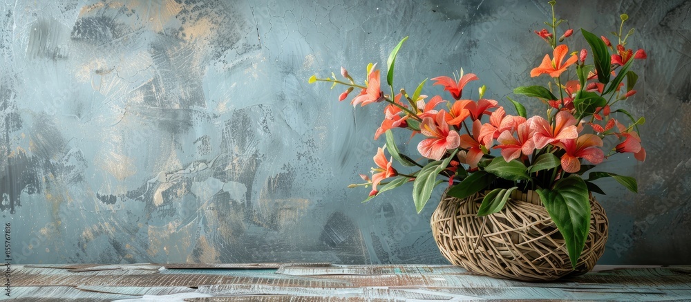 Poster beautiful artificial flower on the wicker table. with copy space image. place for adding text or des