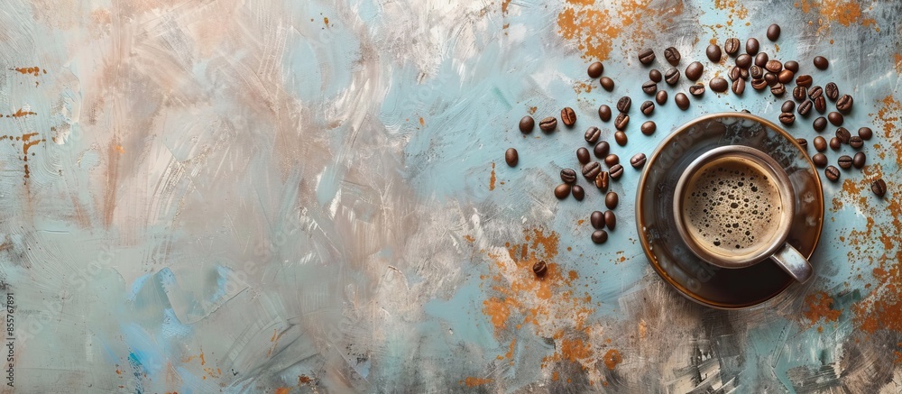 Aufkleber Coffee cup and beans on a rustic background pastel background. with copy space image. Place for adding text or design