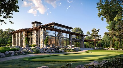 A picturesque golf course clubhouse with a stone   and large windows overlooking the green