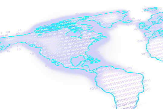 Digital world map with binary code texture on a soft white background, concept of data and technology