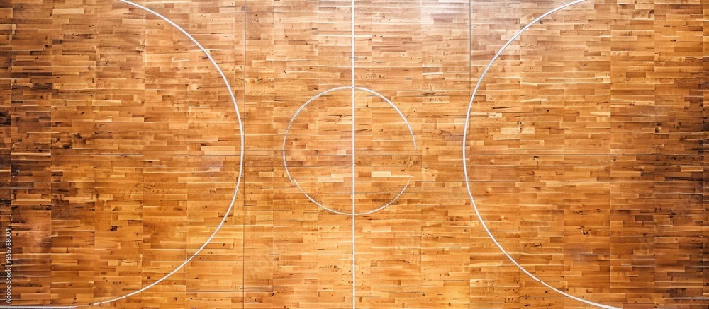 Poster Hardwood maple basketball court floor viewed from above. with copy space image. Place for adding text or design