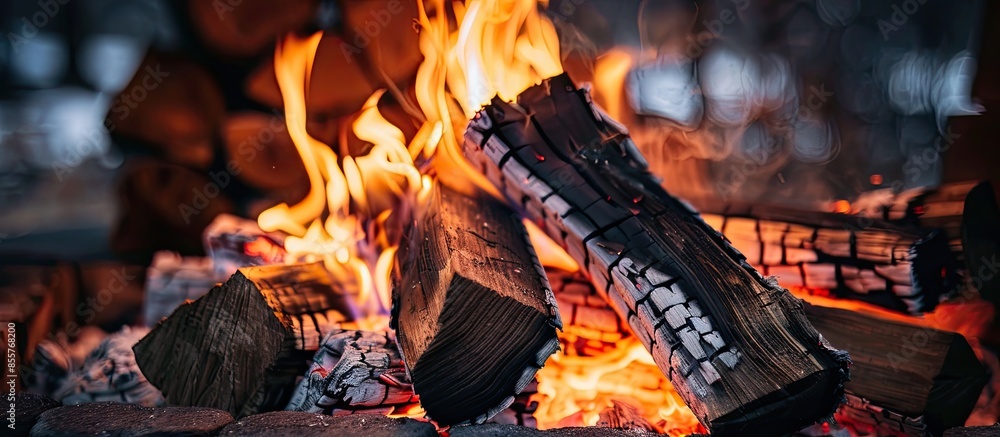 Poster A fire in the fireplace. Warm cozy place with orange bonfire. . with copy space image. Place for adding text or design