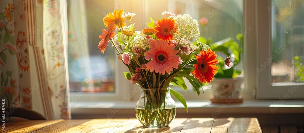 Poster flowers on a table in a living house. with copy space image. place for adding text or design