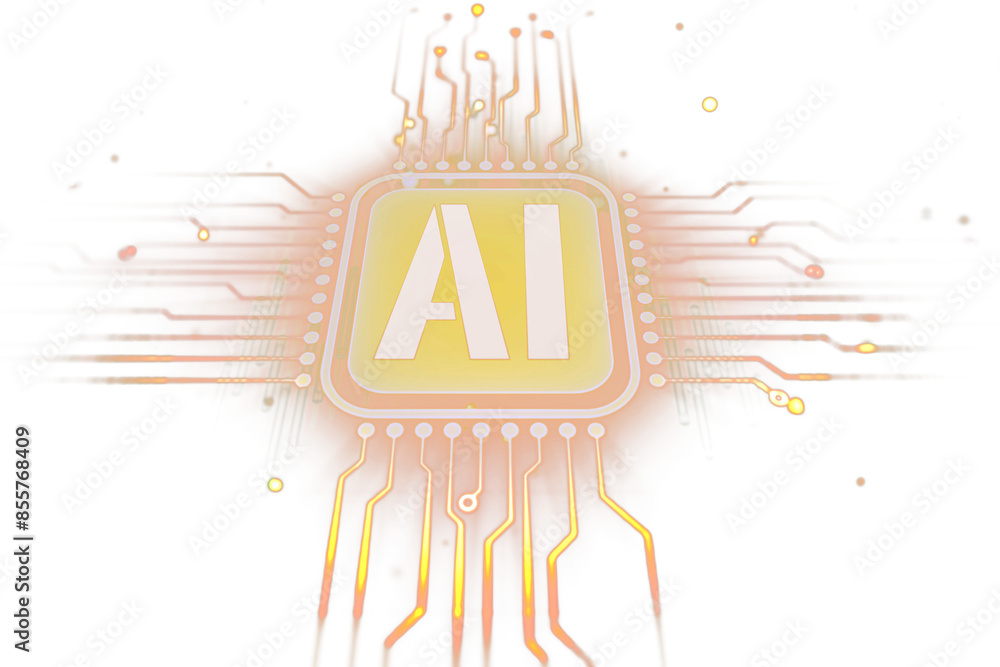 Poster a stylized microchip with ai lettering, digital concept on a white background with orange and yellow