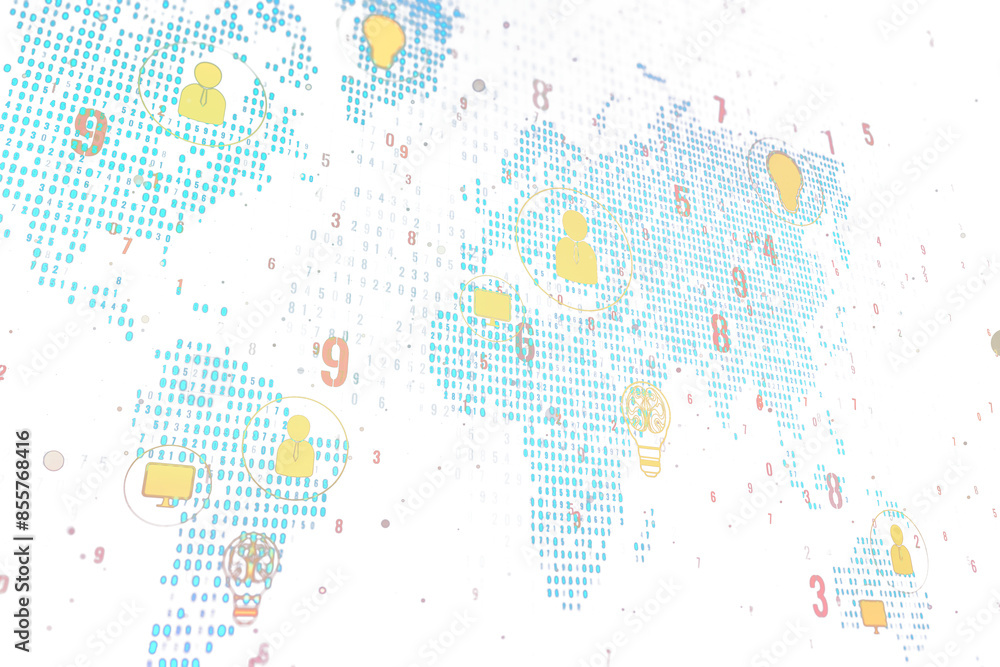Poster an abstract digital illustration with user icons, numbers, and light bulb icons scattered across a w