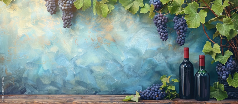 Poster grapes on vine with leaves with empty wine bottles sitting on wooden plank with an isolated pastel b