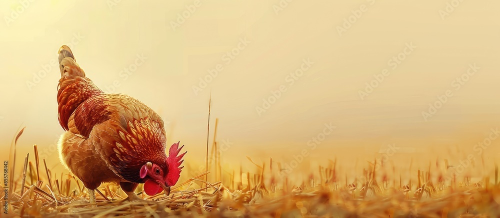 Poster Hen eat dry grass in spring time pastel background  Food. with copy space image. Place for adding text or design