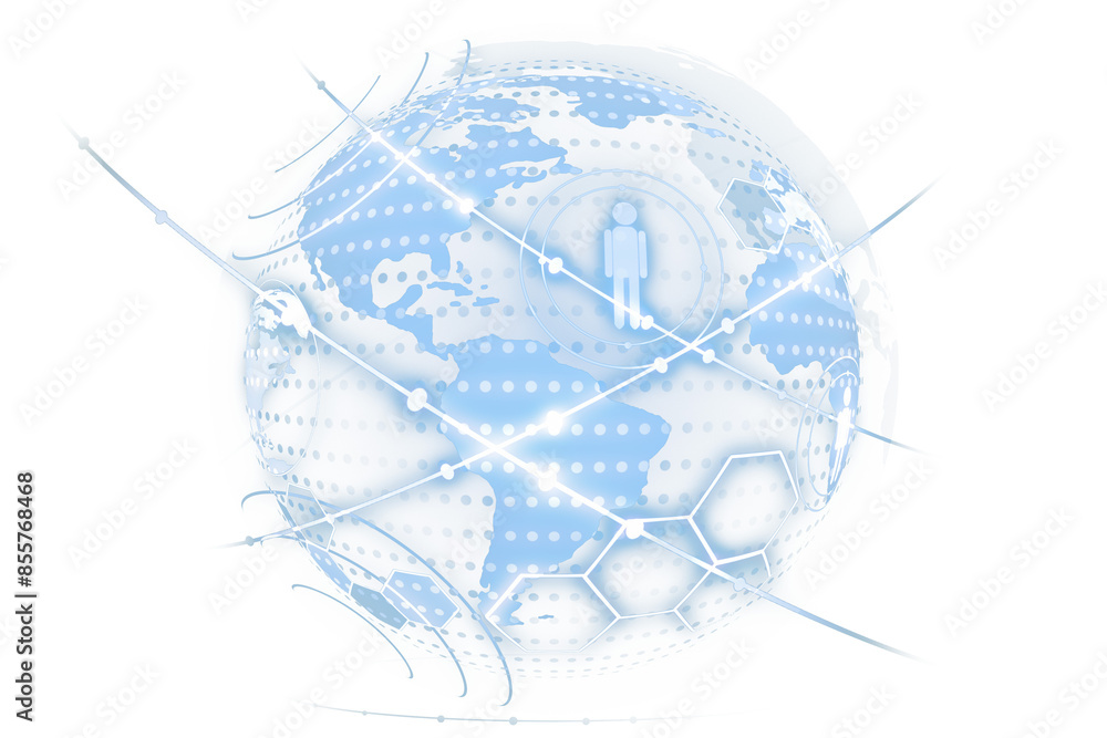 Poster Abstract blue and white globe with network lines and dots on a light background, representing global connectivity