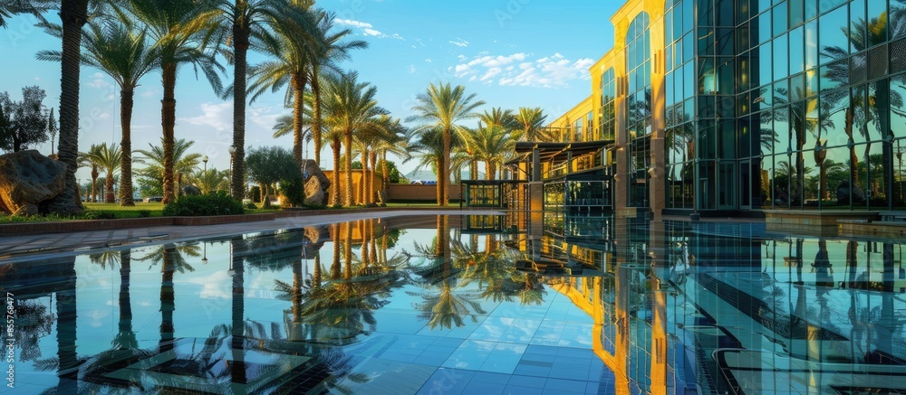 Aufkleber Detail of a five stars hotel with reflecting sky and palm trees. Copy space image. Place for adding text or design