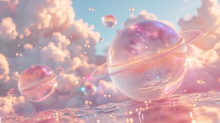planets in space, rendered in cinema4D chrome effect, dreamy fantasy colors, holographic galaxy wallpaper, background