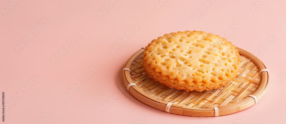 Aufkleber one whole homemade golden coconut biscuit on bamboo coaster isolated on pastel background. with copy