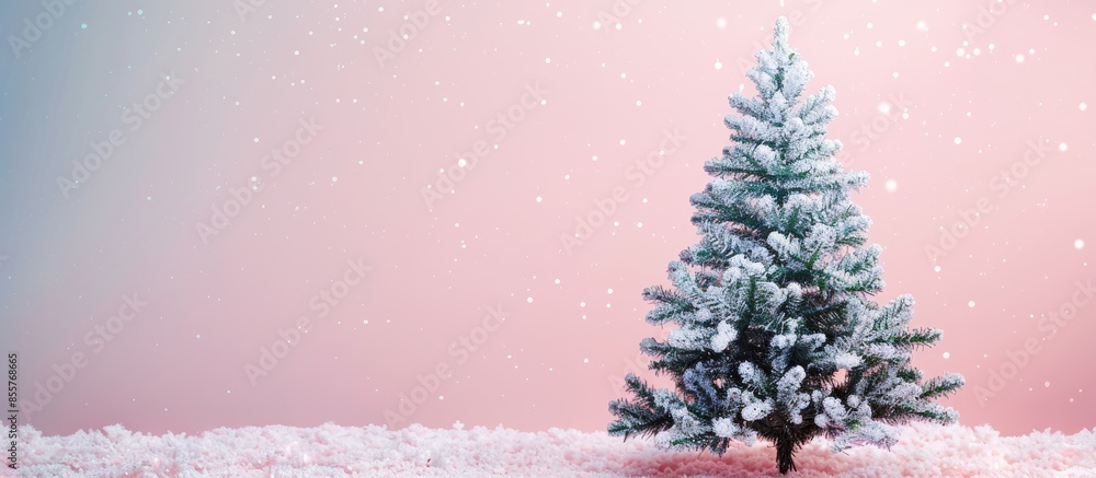 Aufkleber snowcovered tree on a pastel background.  Christmas. with copy space image. Place for adding text or design