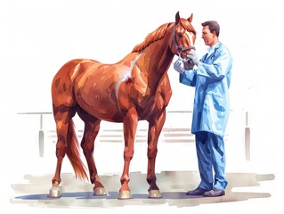 Veterinarian examining a horse, ensuring its health. Professional care in equestrian medicine. Animal health services.