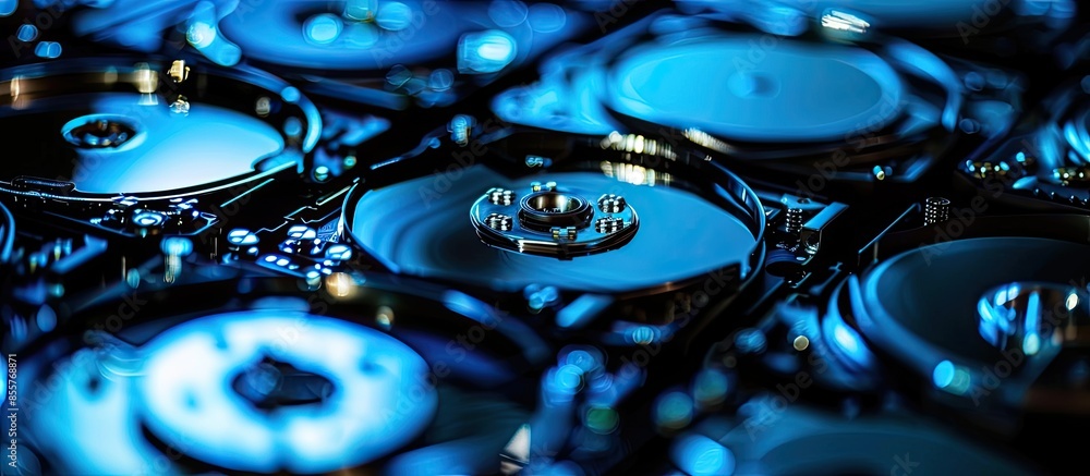 Poster close-up of hard drives in modern data center. blue tone. Copy space image. Place for adding text or design