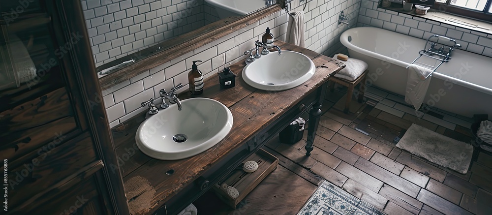 Aufkleber a bathroom with a sink, mirror and bathtub next to the tub in this photo is taken from above. with c
