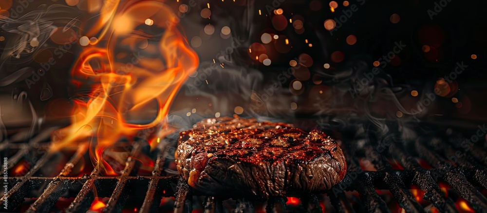 Poster grilled meat steak on stainless grill depot with flames on dark background. food and cuisine concept