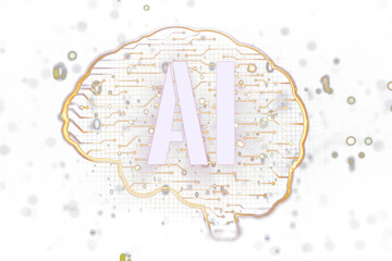 A stylized illustration of a brain with circuitry and AI letters, representing artificial intelligence, on a light background