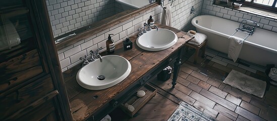 a bathroom with a sink, mirror and bathtub next to the tub in this photo is taken from above. with copy space image. Place for adding text or design