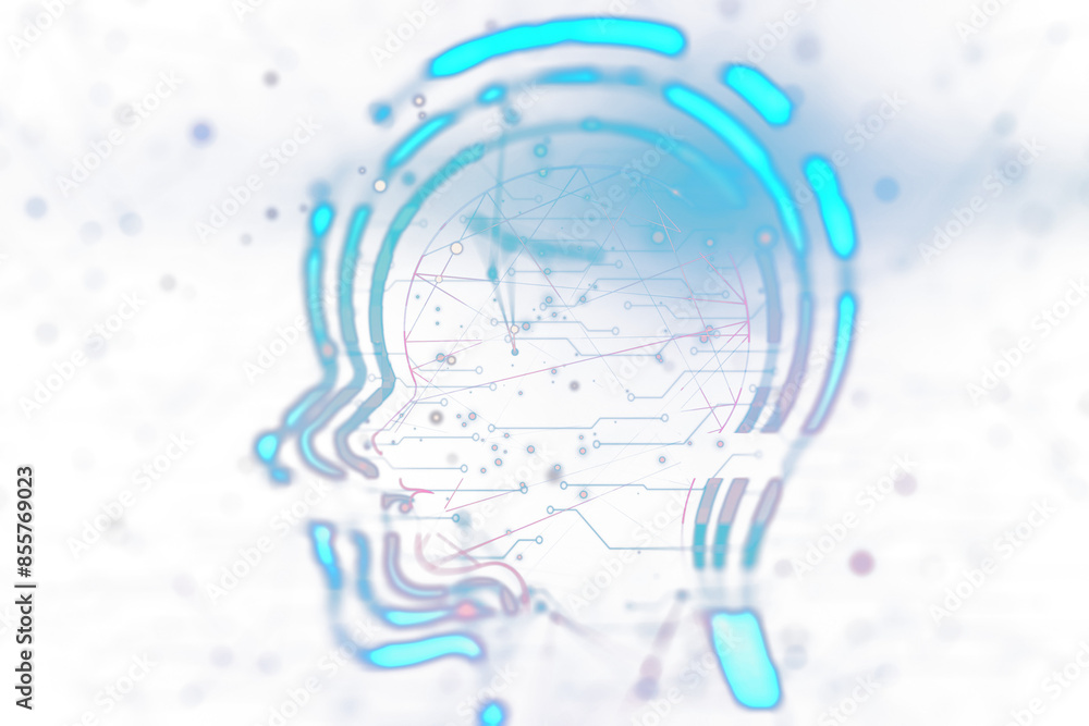Poster abstract side profile of a human head with network connections and digital elements, on a blurred wh