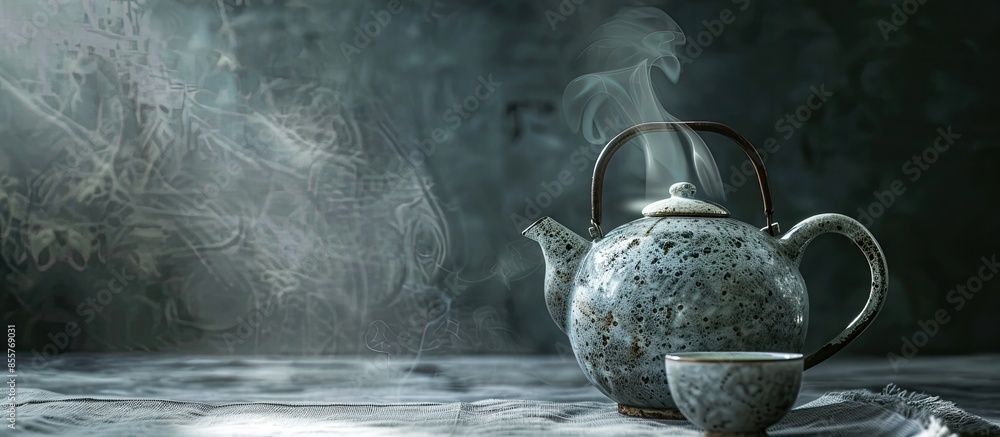 Aufkleber craft handmade ceramic teapot kettle with cup of hot green tea for tea ceremony standing on linen ta