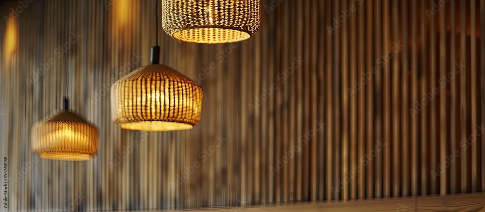 Aufkleber Low angle view of a hanging light fixture in a room with wooden walls. with copy space image. Place for adding text or design
