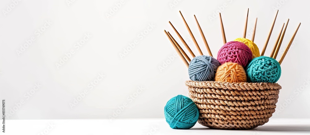 Poster Hobby items. Knitting needles and ball for knitting isolated on white background. Copy space image. Place for adding text or design