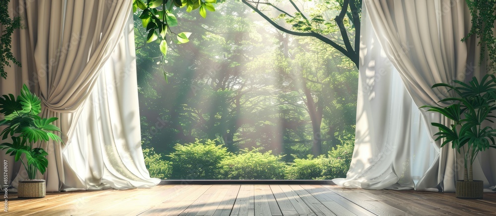 Poster Curtain and window with green tree on background. with copy space image. Place for adding text or design