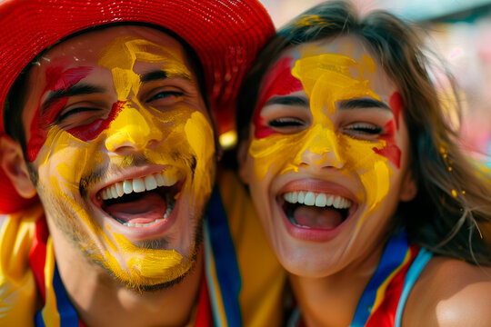 Conmebol Copa Am&eacute;rica 2024. a couple fan of the soccer team with your faces painted with the colors of your team. Argentina, Bolivia, 
Brazil, Chile, Colombia, Ecuador, Peru, Paraguay.