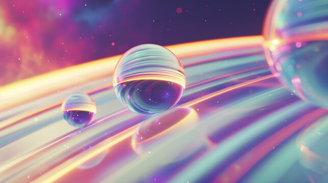 planets in space, rendered in cinema4D chrome effect, dreamy fantasy colors, holographic galaxy wallpaper, background