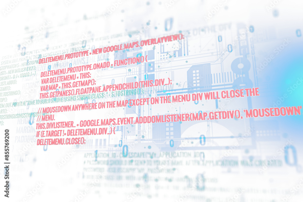 Poster Abstract image showing circuit diagram and code overlay, graphical, on a blue and white gradient background, conceptualizing technology