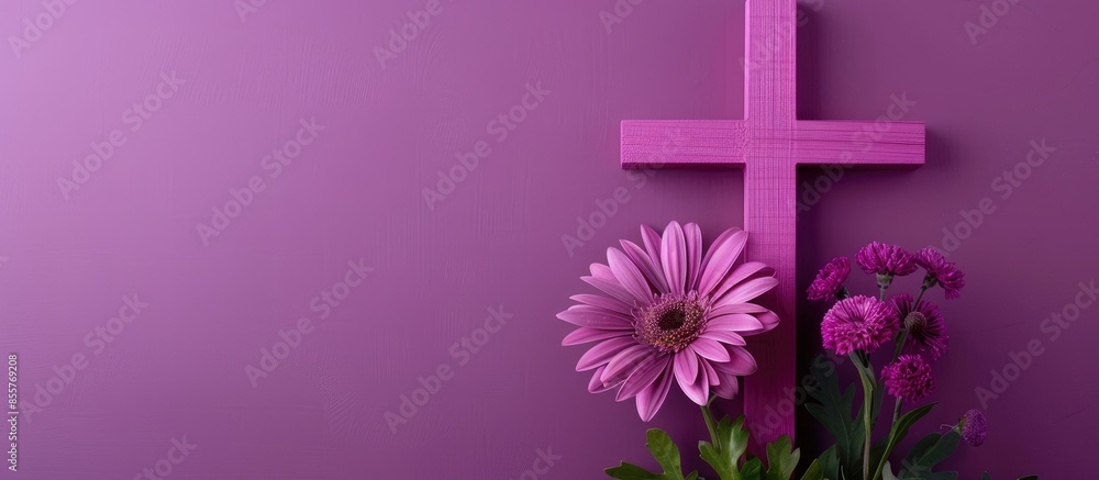 Poster good friday, lent season and holy week concept - a religious cross and a flower on purple background