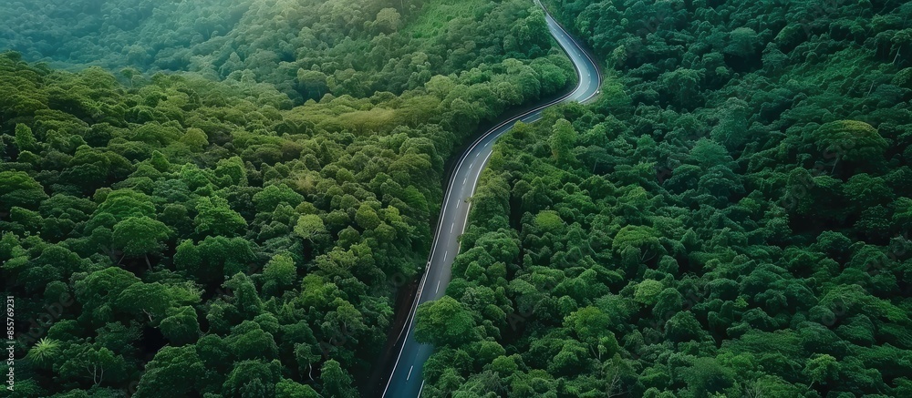 Poster Aerial view of a road in the middle of the forest , road curve construction up to mountain. Copy space image. Place for adding text or design