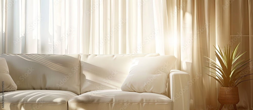 Poster contemporary interior of living room with part of sofa in sunny day and white curtain interior backg