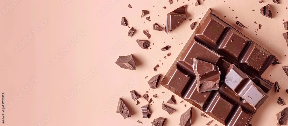 Wall mural broken chocolate bar isolated. milk chocolate square pieces, cubes, small bloks pile, choco segments