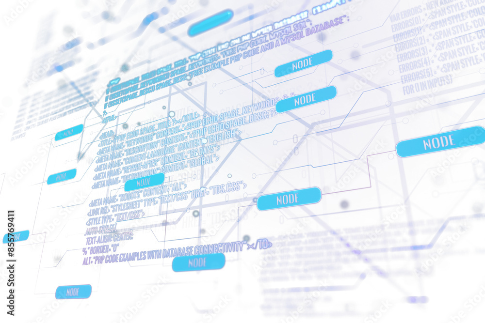 Poster An abstract network diagram with connecting nodes overlaying digital code, on a white to blue gradient background, illustrating a technological concept