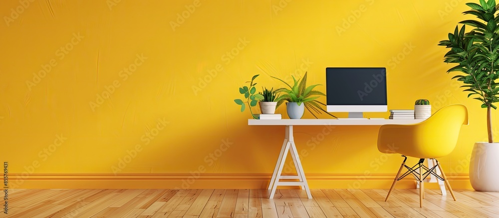 Poster photo with saved path and yellow desk . with copy space image. Place for adding text or design