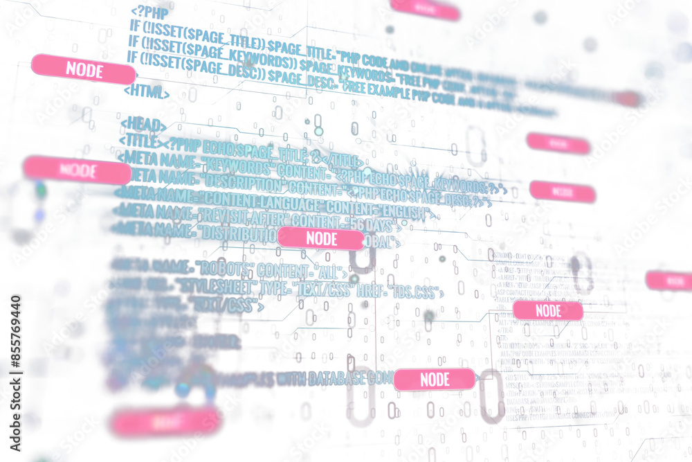 Poster Abstract image showing digital code and network nodes overlaid, with a pink and white palette on a blurred background, representing connectivity and data