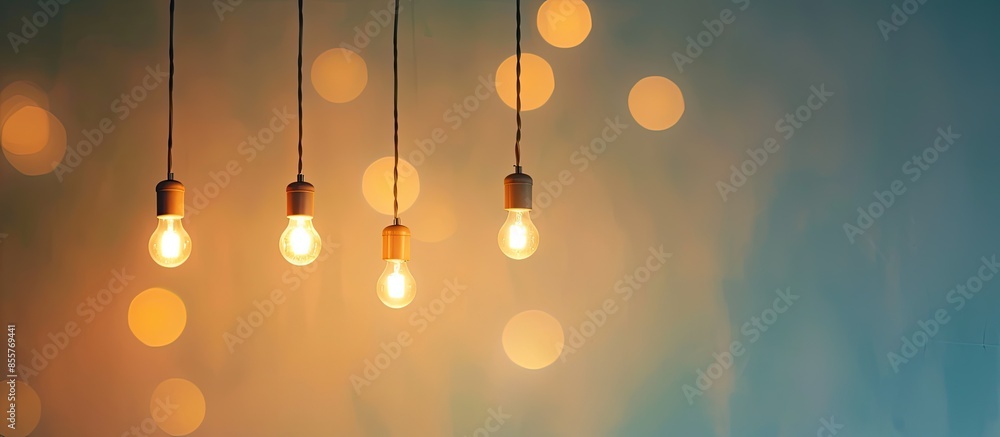 Poster Suspended ceiling light in the form of an oak board with lights pastel background. with copy space image. Place for adding text or design