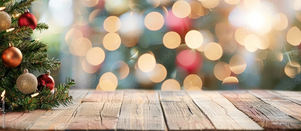 Aufkleber Christmas tree with top wood table and Blur background before Christmas day. with copy space image. Place for adding text or design