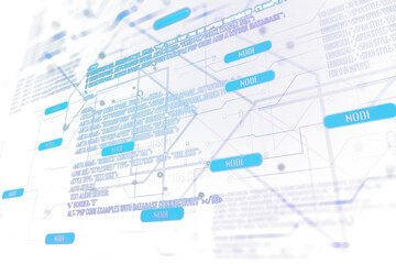 An abstract network diagram with connecting nodes overlaying digital code, on a white to blue gradient background, illustrating a technological concept