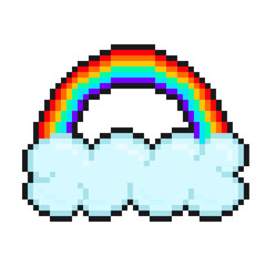Naklejka premium Cloud with Rainbow Arc, Pixel Art Icon, Isolated