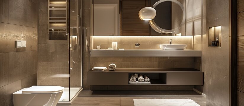 Bathroom with shower, toilet bowl and sink. Hotel standart bedroom. simple and stylish interior. interior lighting. with copy space image. Place for adding text or design