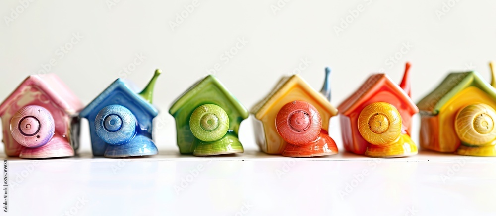 Poster Colorful snail houses at white background. with copy space image. Place for adding text or design